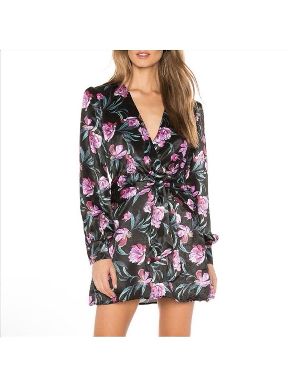 L'Academie Mila Mini Dress Long Sleeve Floral Black Satin Large L NEW